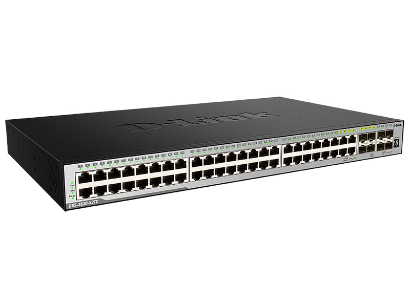 D-Link DGS-3630-52TC/A1AMI, L3 Managed Switch with 44 10/100/1000Base-T ports and 4 100/1000Base-T/SFP combo-ports and 4 10GBase-X SFP+ ports. 68K Mac address, MPLS, Physical stacking (up to 9 device