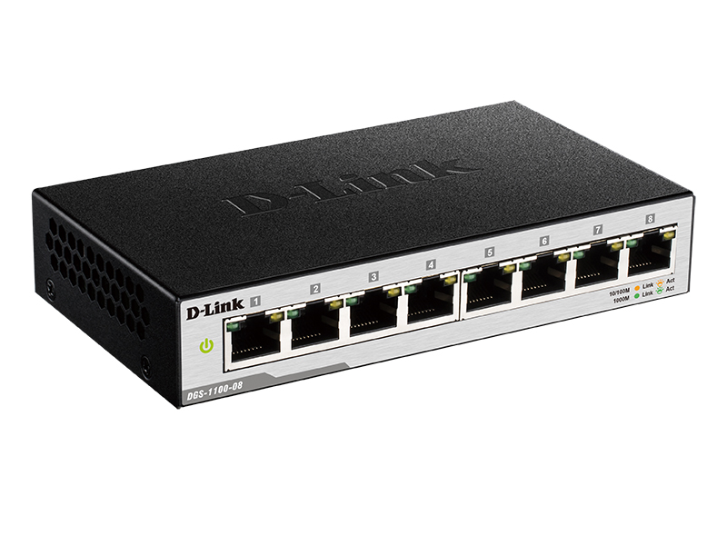 D-Link DGS-1100-08/B1A, L2 Smart Switch with 8 10/100/1000Base-T ports.8K Mac address, 802.3x Flow Control, Port Trunking, Port Mirroring, IGMP Snooping, 32 of 802.1Q VLAN, VID range 1-4094, Loopback