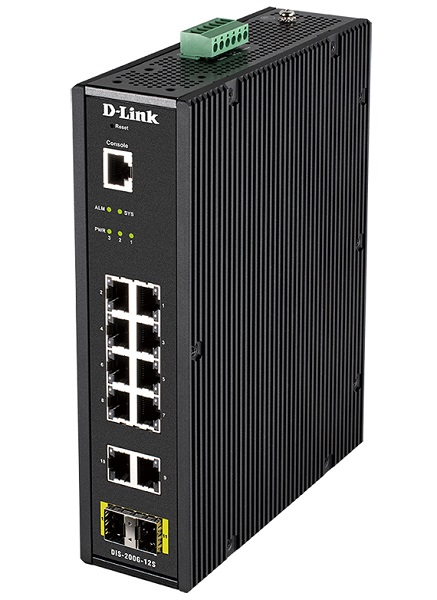D-Link DIS-200G-12S/A1A, L2 Managed Industrial Switch with 10 10/100/1000Base-T and 2 1000Base-X SFP ports 8K Mac address, 802.3x Flow Control, 802.3ad Link Aggregation, Port Mirroring, 128 of 802.1Q