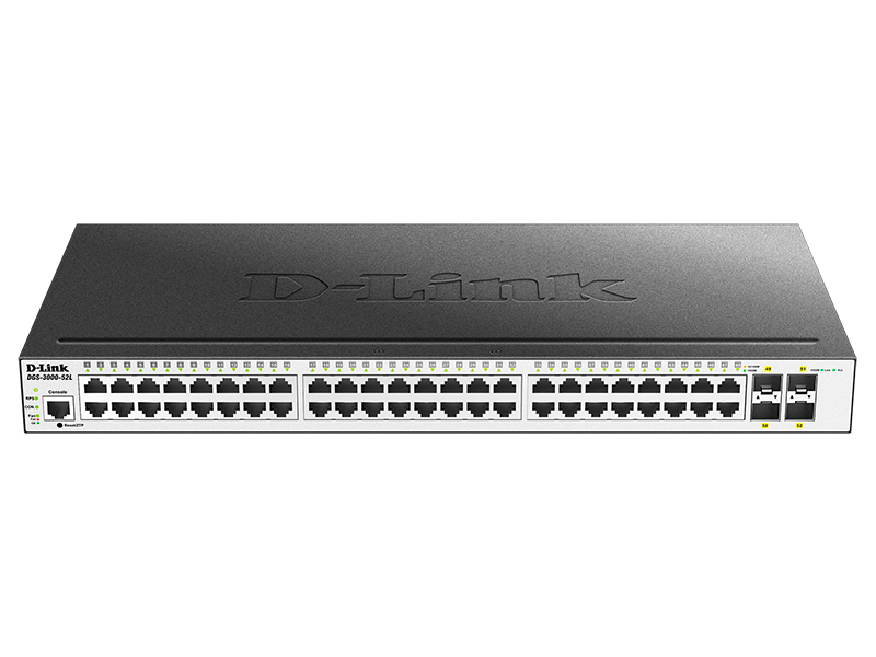 D-Link DGS-3000-52L/B, L2 Managed Switch with 48 10/100/1000Base-T ports and 4 1000Base-X SFP  ports.16K Mac address, 802.3x Flow Control, 4K of 802.1Q VLAN, VLAN Trunking, 802.1p Priority Queues, Tr