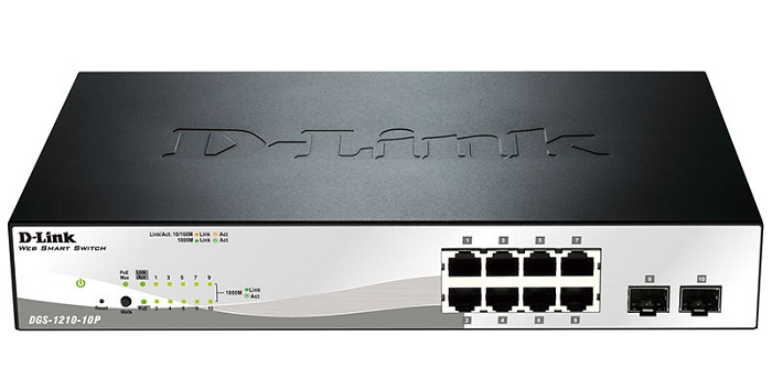 D-Link DGS-1210-10P/F1A, L2 Smart Switch with  8 10/100/1000Base-T ports and 2 1000Base-X SFP ports (8 PoE ports 802.3af/802.3at (30 W), PoE Budget 78 W).16K Mac address, 802.3x Flow Control, 4K of 8