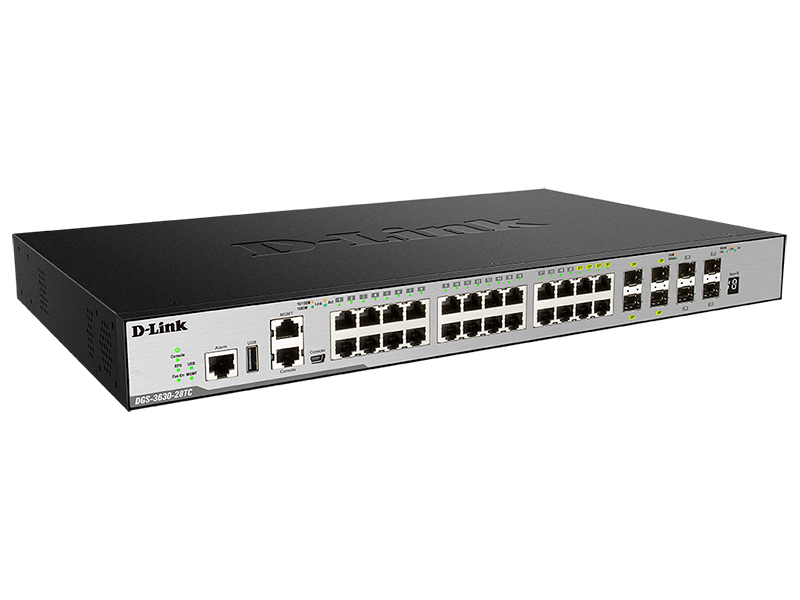 D-Link DGS-3630-28TC/A1ASI, L3 Managed Switch with 20 10/100/1000Base-T ports and 4 100/1000Base-T/SFP combo-ports and 4 10GBase-X SFP+ ports. 68K Mac address, Physical stacking (up to 9 devices), Sw