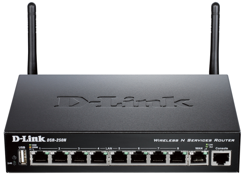 D-Link DSR-250N/B1A, Wireless N300 VPN Gigabit Router with 1 10/100/1000Base-T WAN ports, 8 10/100/1000Base-T LAN ports and 1 USB ports.Firmware for Russia. 802.11b/g/n compatible, 802.11N up to 300