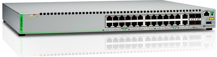 Allied Telesis Gigabit Ethernet Managed switch with 24  10/100/1000T POE ports, 2 SFP/Copper combo ports, 2 SFP/SFP+ uplink slots, single fixed AC power supply