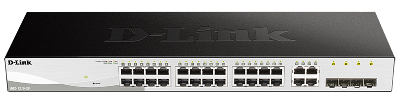 D-Link DGS-1210-28/F1B, L2 Smart Switch with  24 10/100/1000Base-T ports and 4 1000Base-T/SFP combo-ports.8K Mac address, 802.3x Flow Control, 4K of 802.1Q VLAN, 4 IP Interface, 802.1p Priority Queue