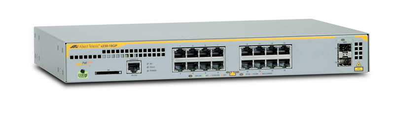 Allied Telesis AT-x230-18GP-50, L2+ managed switch, 16 x 10/100/1000Mbps POE+ ports, 2 x SFP uplink slots, 1 Fixed AC power supply