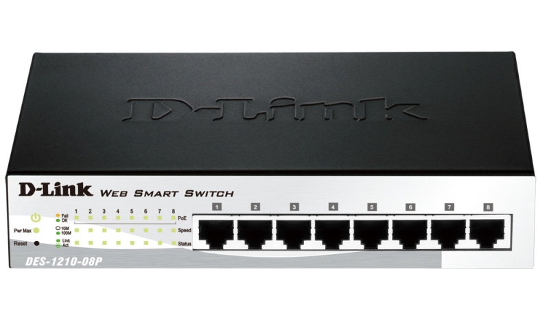 D-Link DES-1210-08P/C2A, WEB Smart III Switch with 8 PoE ports 10/100Mbps Fanless, 802.3x Flow Control, Static Port Trunking, 4094 – 802.1Q VLAN, 802.1p Priority Queues ACL, IGMP Snooping, Port mirror