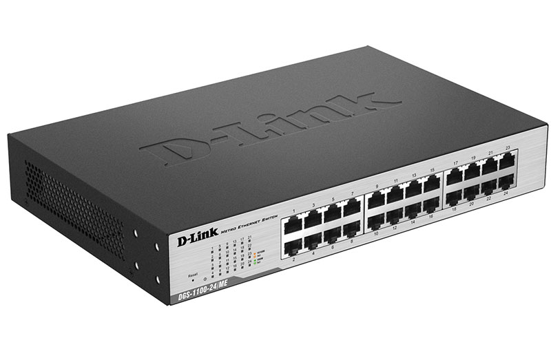 D-Link DGS-1100-24/ME/B2A, L2 Smart Switch with 24 10/100/1000Base-T ports.8K Mac address, 802.3x Flow Control, 802.3ad Link Aggregation, Port Mirroring, 128 of 802.1Q VLAN, VID range 1-4094, Loopbac