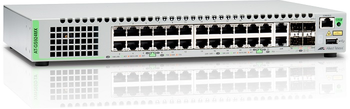 Allied Telesis Gigabit Ethernet Managed switch with 24 ports 10/100/1000T Mbps, 2 SFP/Copper combo ports, 2 SFP/SFP+ uplink slots, single fixed AC power supply