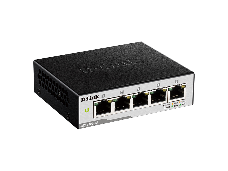 D-Link DGS-1100-05/B1A, L2 Smart Switch with 5 10/100/1000Base-T ports.8K Mac address, 802.3x Flow Control, Port Trunking, Port Mirroring, IGMP Snooping, 802.1Q VLAN up to 32, VID range 1-4094, Loopb
