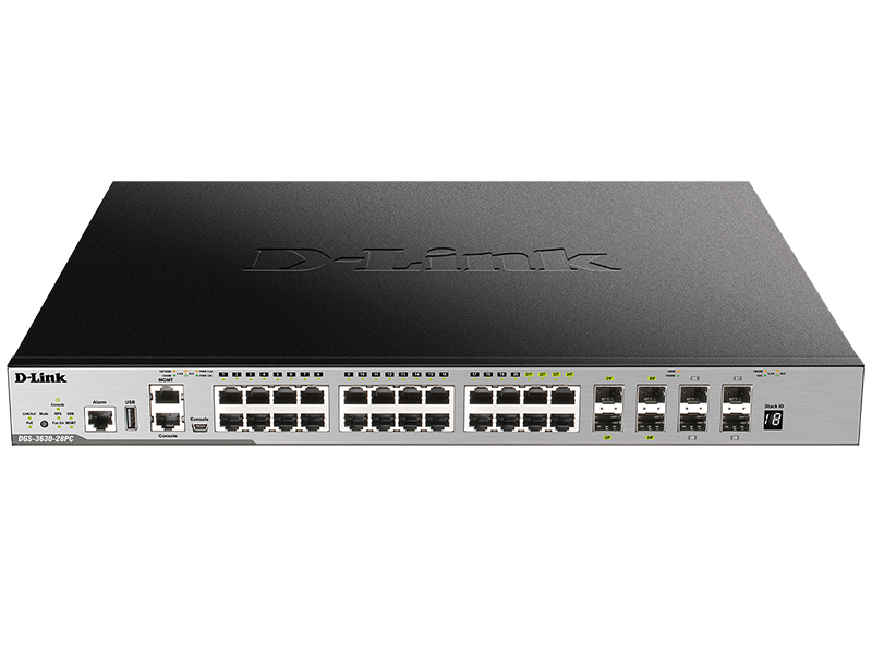 D-Link DGS-3630-28PC/A1ASI, L3 Managed Switch with 20 10/100/1000Base-T ports and 4 100/1000Base-T/SFP combo-ports and 4 10GBase-X SFP+ ports (24 PoE ports 802.3af/802.3at (30 W), PoE Budget 370 W,