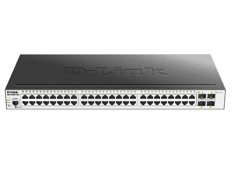 D-Link DGS-3000-52X/B, L2 Managed Switch with 48 10/100/1000Base-T ports  and 4 10GBase-X SFP+ ports.16K Mac address, 802.3x Flow Control, 4K of 802.1Q VLAN, VLAN Trunking, 802.1p Priority Queues, Tr