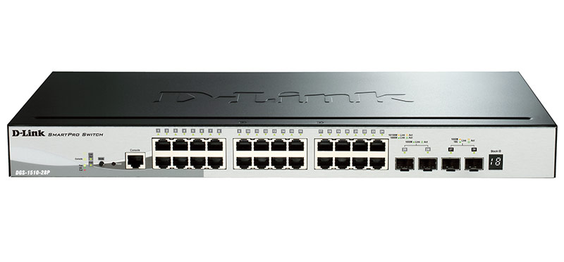 D-Link DGS-1510-28P/A1A, Gigabit Stackable SmartPro Switch with 24 10/100/1000Base-T PoE ports, 2 Gigabit SFP, 2 10G SFP+  ports