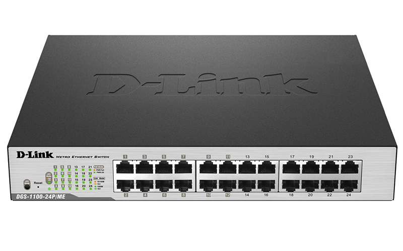 D-Link DGS-1100-24P/ME/B2A, L2 Smart Switch with 24 10/100/1000Base-T ports (12 PoE ports 802.3af/802.3at (30 W), PoE Budget 100 W).8K Mac address, 802.3x Flow Control, 802.3ad Link Aggregation, Port