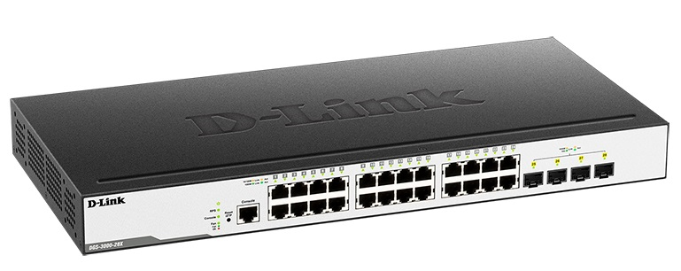 D-Link DGS-3000-28X/B, L2 Managed Switch with 24 10/100/1000Base-T ports and 4 10GBase-X SFP+ ports.16K Mac address, 802.3x Flow Control, 4K of 802.1Q VLAN, VLAN Trunking, 802.1p Priority Queues, Tra
