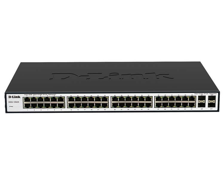 D-Link DGS-1052X/A1A, L2 Unmanaged Switch with 48 10/100/1000Base-T and 4 10GBase-X SFP+ ports. 16K Mac address, Auto-sensing, 802.3x Flow Control, Auto MDI/MDI-X, 802.1p QoS, D-Link Green technology