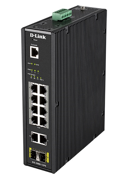 D-Link DIS-200G-12PS/A1A, L2 Managed Industrial Switch with 10 10/100/1000Base-T and 2 1000Base-X SFP ports (8 PoE ports 802.3af/802.3at (30 W), PoE Budget 123 W)8K Mac address, 802.3x Flow Control,