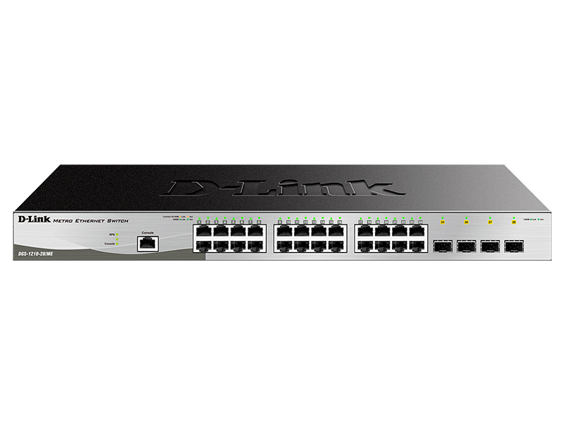 D-Link DGS-1210-28/ME/P/B1A, L2 Managed Switch with 24 10/100/1000Base-T ports and 4 1000Base-X SFP ports.16K Mac address, 802.3x Flow Control, 4K of 802.1Q VLAN, 802.1p Priority Queues, Traffic Segm
