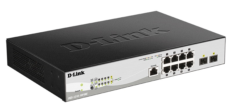 D-Link DGS-1210-10P/ME/B1A, L2 Managed Switch with  8 10/100/1000Base-T ports and 2 1000Base-X SFP ports (8 PoE ports 802.3af/802.3at (30 W), PoE Budget 78 W).16K Mac address, 802.3x Flow Control, 4K