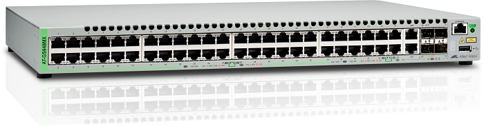 Allied Telesis Gigabit Ethernet Managed switch with 48  10/100/1000T ports, 2 SFP/Copper combo ports, 2 SFP/SFP+ uplink slots, single fixed AC power supply