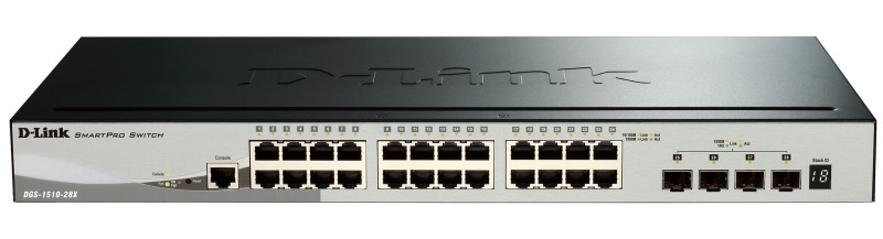 D-Link DGS-1510-28X/A1A, Gigabit Stackable SmartPro Switch with 24 10/100/1000Base-T ports, 4 10G SFP+  ports