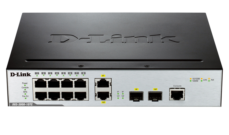 D-Link DGS-3000-10TC/A2A, L2 Managed Switch with 8 10/100/1000Base-T ports and 2 100/1000Base-T/SFP combo-ports.16K Mac address, 802.1Q VLAN, 802.1p Priority Queuing, ERPS, 802.1D (STP), 802.1w (RST