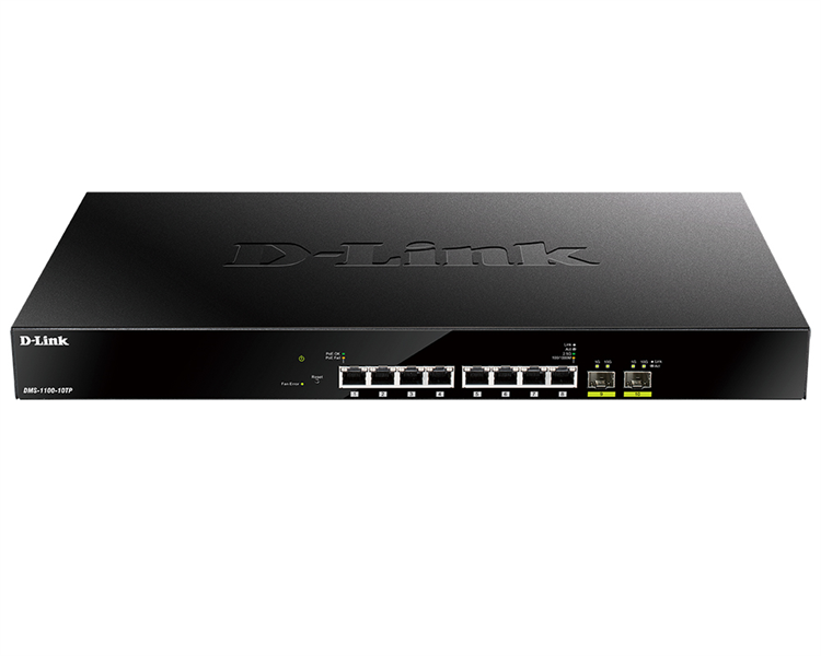 D-Link DMS-1100-10TP/A1A, L2 Smart Switch with 8 2.5GBase-T ports and 2 10GBase-X SFP+ ports (8 PoE ports 802.3af/802.3at (30 W), PoE Budget 240 W).16K Mac address, 80Gbps switching capacity, 802.3x