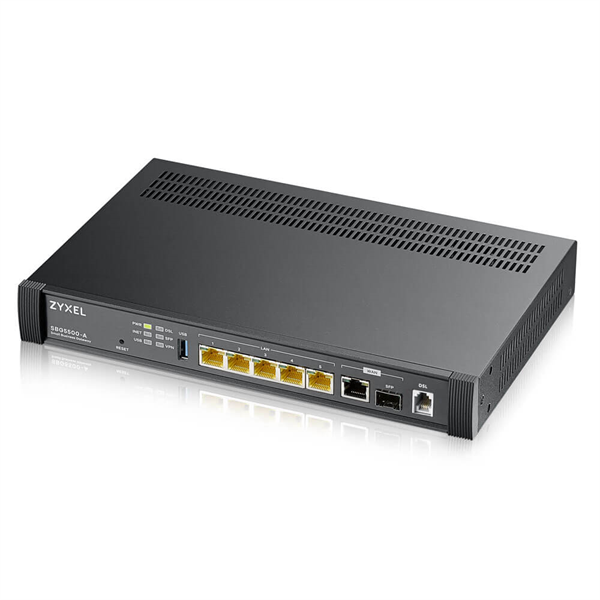 Zyxel SBG5500-A, 1xWAN GE, 1xSFP, 1xLAN/WAN GE, 1xRJ11 ADSL2+/VDSL2 (Annex A, 17a, 30a/35b) и поддержка 3G/4G USB-модемов, 4xLAN GE, 1xUSB3.0, 50 VPN туннелей