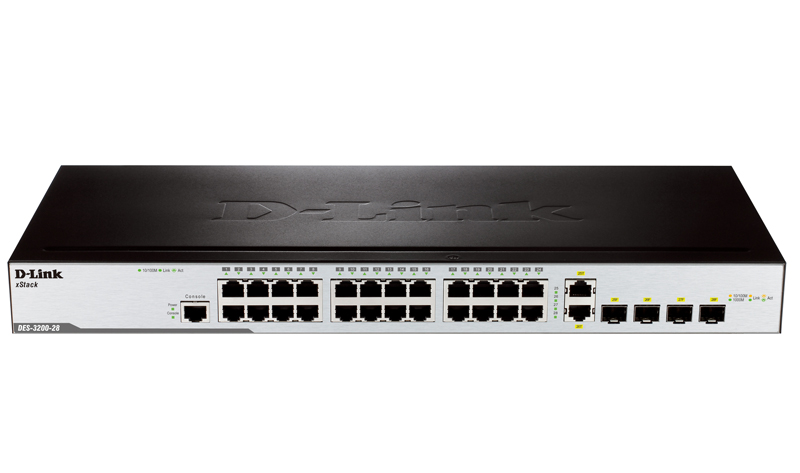 D-Link DES-3200-28, 24-Port 10/100Mbps + 2 Combo 1000BASE-T/SFP + 2 SFP L2 Management Switch