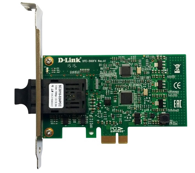 D-Link DFE-560FX, 100Base-FX PCI-Express FastEthernet adapter with SC fiber optical connector PCI-express v1.1 2.5GT/s Jumbo Frame up to 9018 Bytes, PXE Boot ROM IEEE 802.3u 100Base-FX / IEEE 802.3ah