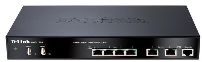 D-Link DWC-1000/C1A, Wireless Controller 2 10/100/1000 BASE-T Gigabit Ethernet Option Ports, 4 10/100/1000 BASE-T  Gigabit Ethernet LAN Ports 2 USB 2.0 Ports, 1 RJ-45 External Console port Compatible