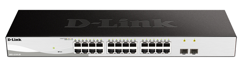 D-Link DGS-1210-26/F1B, L2 Smart Switch with  24 10/100/1000Base-T ports and 2 100/1000Base-X SFP ports.8K Mac address, 802.3x Flow Control, 4K of 802.1Q VLAN, 4 IP Interface, 802.1p Priority Queues,