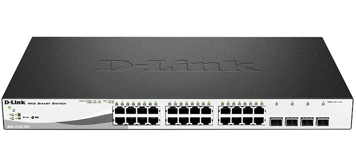 D-Link DGS-1210-28P/F1A, L2 Smart Switch with 24 10/100/1000Base-T ports and 4 1000Base-X SFP ports (4 PoE ports 802.3af/802.3at (30 W), 20 PoE ports 802.3af (15,4 W), PoE Budget 193 W). 16K Mac addr