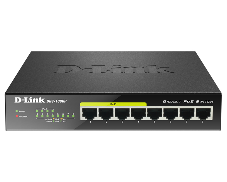 D-Link DGS-1008P/C1D, L2 Unmanaged Switch with 8 10/100/1000Base-T ports (4 PoE ports 802.3af/802.3at (30 W), PoE Budget 68). 8K Mac address, Auto-sensing, 802.3x Flow Control, Stand-alone, Auto MDI/M