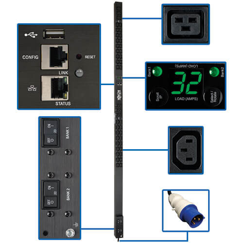 Однофазный контролируемый PDU мощностью 7,4 кВт с интерфейсом LX, розетками на 230 В (36 шт. типа C13 / 6 шт. типа C19), разъемом IEC 309 на 32 А синего цвета, шнуром длиной 3 м, вертикальный (0U), высота 1,8 м; соотв. треб. TAA