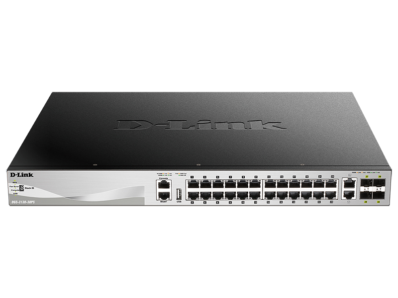 D-Link DGS-3130-30PS/A1A, L2+ Managed Switch with 24 10/100/1000Base-T ports and 2 10GBase-T ports and 4 10GBase-X SFP+ ports (24 PoE ports 802.3af/802.3at (30 W), PoE Budget 370W, PoE Budget with RPS