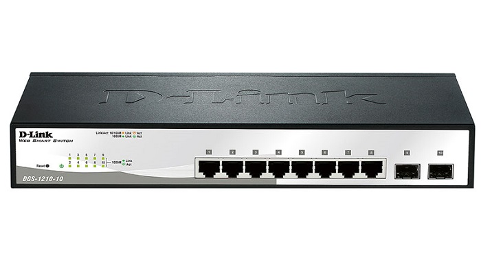 D-Link DGS-1210-10/F1A, L2 Smart Switch with  8 10/100/1000Base-T ports and 2 1000Base-X SFP ports.16K Mac address, 802.3x Flow Control, 4K of 802.1Q VLAN, 802.1p Priority Queues, ACL, IGMP Snooping,