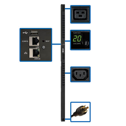 Однофазный управляемый PDU: 3,2-3,8 кВт; интерфейс LX Platform; розетки на 200-240 В (20 шт. типа C13 и 4 шт. типа C19); кабель с разъемами C20/L6-20P; вертикальная установка (0U); соотв. требованиям TAA