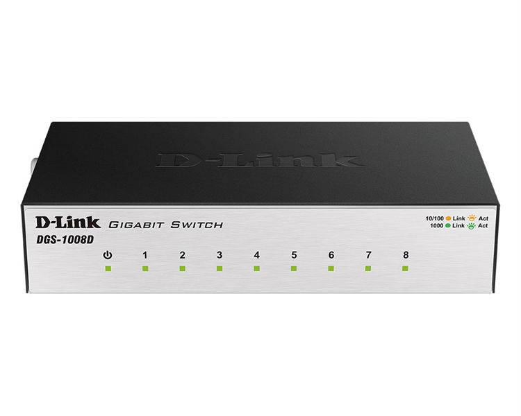 D-Link DGS-1008D/J3A, L2 Unmanaged Switch with 8 10/100/1000Base-T ports.8K Mac address, Auto-sensing, 802.3x Flow Control, Stand-alone, Auto MDI/MDI-X for each port,  802.1p QoS, D-link Green techno