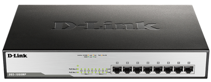 D-Link DGS-1008MP/A2A, Layer 2 unmanaged Gigabit Switch with PoE and Green Ethernet power save technology