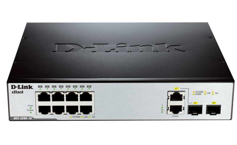 D-Link DES-3200-10, 8 Port 10/100Mbps + 1 100/1000 SFP + 1 Combo 10/100/1000 BASE-T / 100/1000 SFP L2 Management Switch