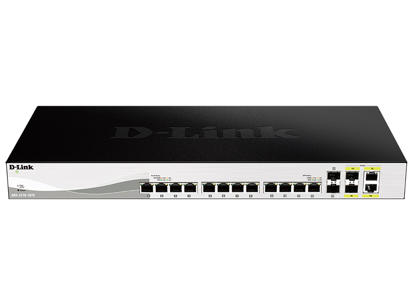 D-Link DXS-1210-16TC/A2A, L2+ Smart Switch with 12 10GBase-T ports and 2 10GBase-T/SFP+ combo-ports and 2 10GBase-X SFP+ ports.16K Mac address, 240Gbps switching capacity, 802.3x Flow Control, 802.3a