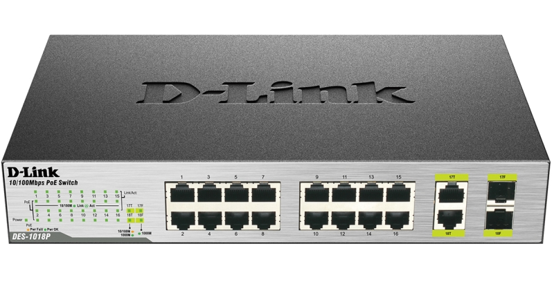 D-Link DES-1018P/A2A, L2 Unmanaged Switch with 16 10/100Base-TX ports and 2 100/1000Base-T/SFP combo-ports (8 PoE ports 802.3af (15,4 W), PoE Budget 80 W).8K Mac address, Auto-sensing, 802.3x Flow Co