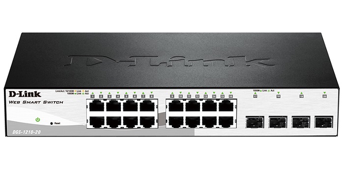 D-Link DGS-1210-20/F1A, L2 Smart Switch with  16 10/100/1000Base-T ports and 4 1000Base-X SFP ports.16K Mac address, 802.3x Flow Control, 4K of 802.1Q VLAN, 802.1p Priority Queues, ACL, IGMP Snooping