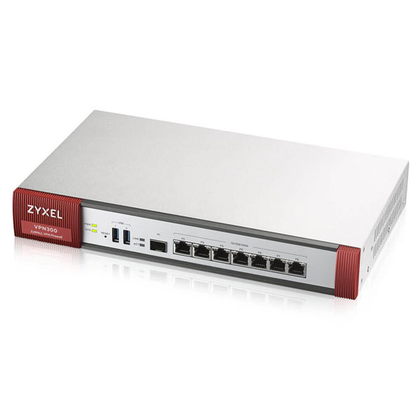 Zyxel VPN300, Rack, конфигурируемые GE порты 7xLAN и 1xSFP, 2xUSB3.0, AP Controller (4/132) с пониженным шифрованием, включена подписка фильтрации контента на один год и Geo IP