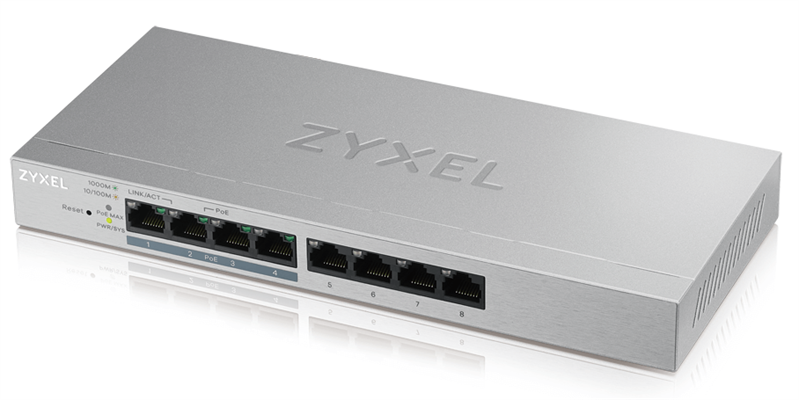 Zyxel GS1200-8HP, 8xGE (4xPoE+), настольный, бесшумный (без вентилятора), с поддержкой VLAN, IGMP, QoS и Link Aggregation, бюджет PoE 60 Вт