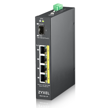 Zyxel RGS100-5P, 5  Port unmanaged PoE Switch 4xGE PoE+, 1xSFP, 120 Watt PoE, DIN Rail, IP30, 12-58V DC.