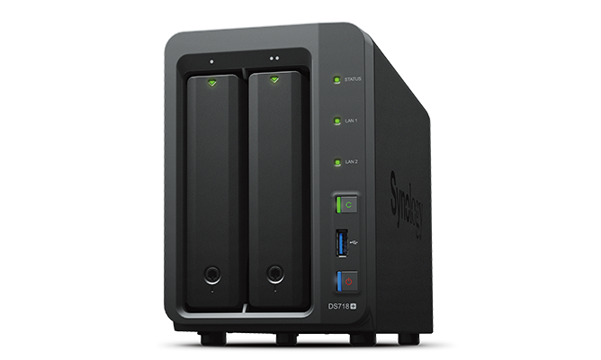 Synology DS718+ QC1,5GhzCPU/2Gb(upto6)/RAID0,1,10,5,6/up to 2hot plug HDDs SATA(3,5' or 2,5')(up to 7 with DX517)/3xUSB3.0/1eSATA/2GigEth/iSCSI/2xIPcam(up to 40)/1xPS/3YW