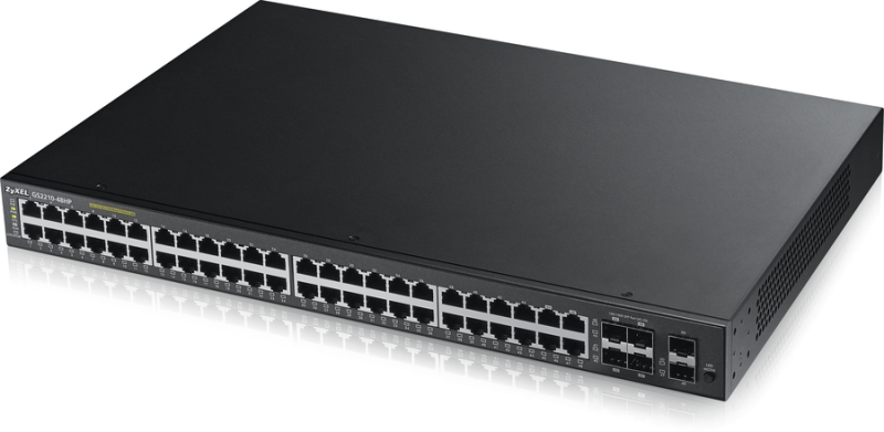 ZyXEL GS2210-48HP Управляемый PoE-коммутатор (375W) Gigabit Ethernet с 48 разъемами RJ-45 из которых 4 совмещены с SFP-слотами и 2 дополнительными SFP-слотами.