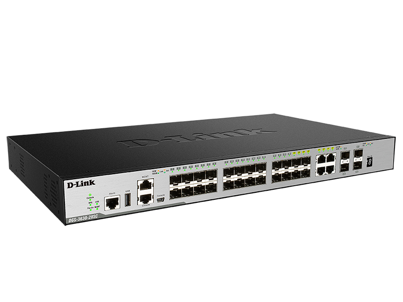D-Link DGS-3630-28SC/A1AMI, L3 Stackable Managed Switch with MPLS Image 20 SFP ports + 4 Combo 10/100/1000BASE-T/SFP ports + 4 10 GbE SFP+ ports Redundant power supply support DPS-500A/DPS-500DC, Swi